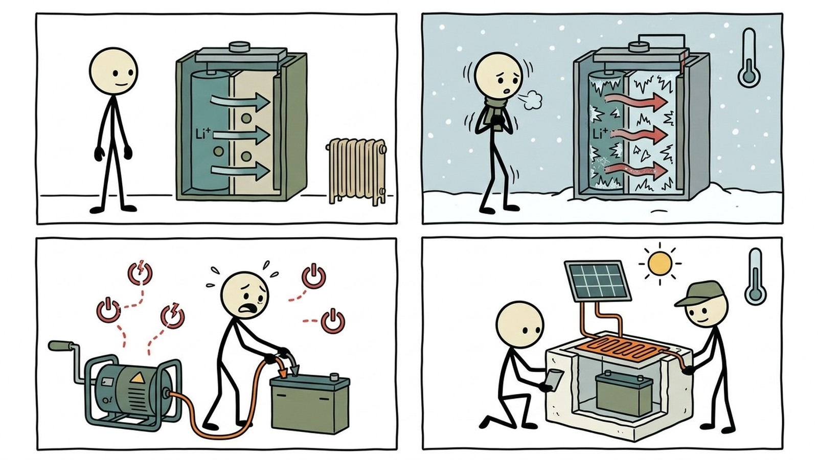 SC-Stil-Illustration für die Planung der tatsächlichen Winterleistung basierend auf Paneelwinkel, Schnee, Batterietemperatur und reduziertem Tageslicht.