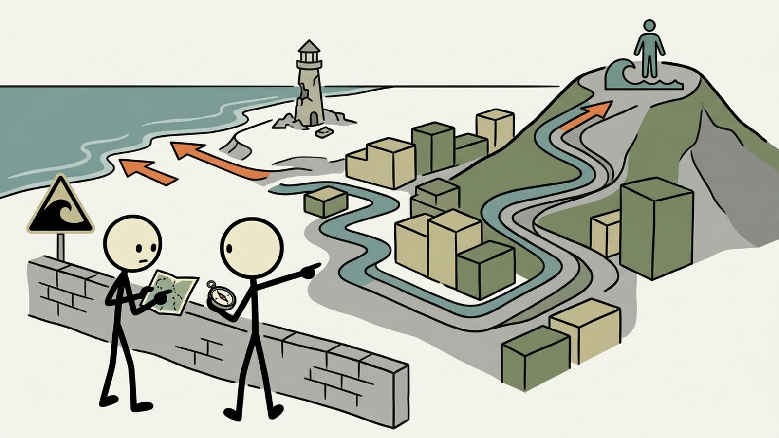 SC-Stil Illustration zur Erklärung offizieller Warnungen, natürlicher Anzeichen, Evakuierungsrouten, Wiedervereinigung und Rückkehrsicherheit für Küstenhaushalte.