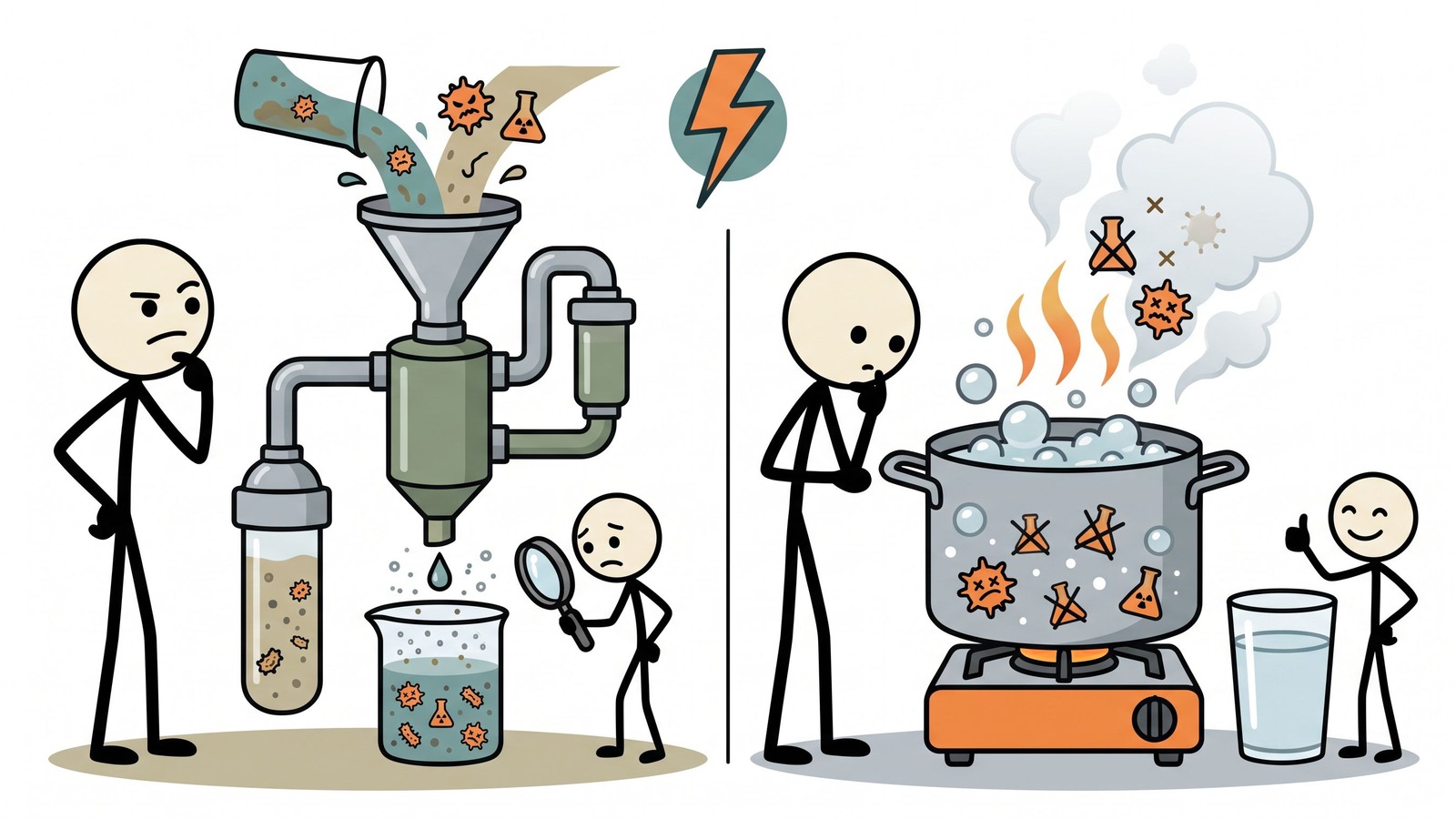 SC-Stil-Illustration für Dieser Beitrag entlarvt gefährliche Missverständnisse über tragbare Wasserfilter, indem er die spezifischen Verunreinigungen identifiziert, die sie nicht entfernen können, und die kritischen Szenarien aufzeigt, in denen Abkochen die einzige sichere Reinigungsmethode ist.