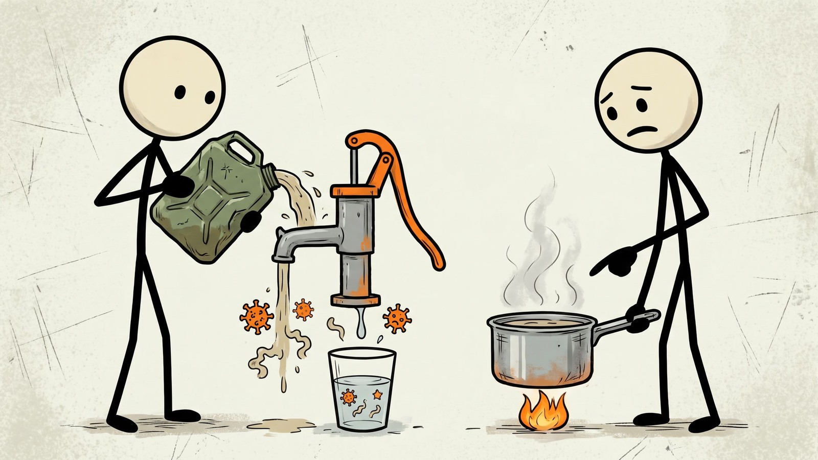 SC-Stil-Illustration für Dieser Beitrag entlarvt gefährliche Missverständnisse über tragbare Wasserfilter, indem er die spezifischen Verunreinigungen identifiziert, die sie nicht entfernen können, und die kritischen Szenarien aufzeigt, in denen Abkochen die einzige sichere Reinigungsmethode ist.