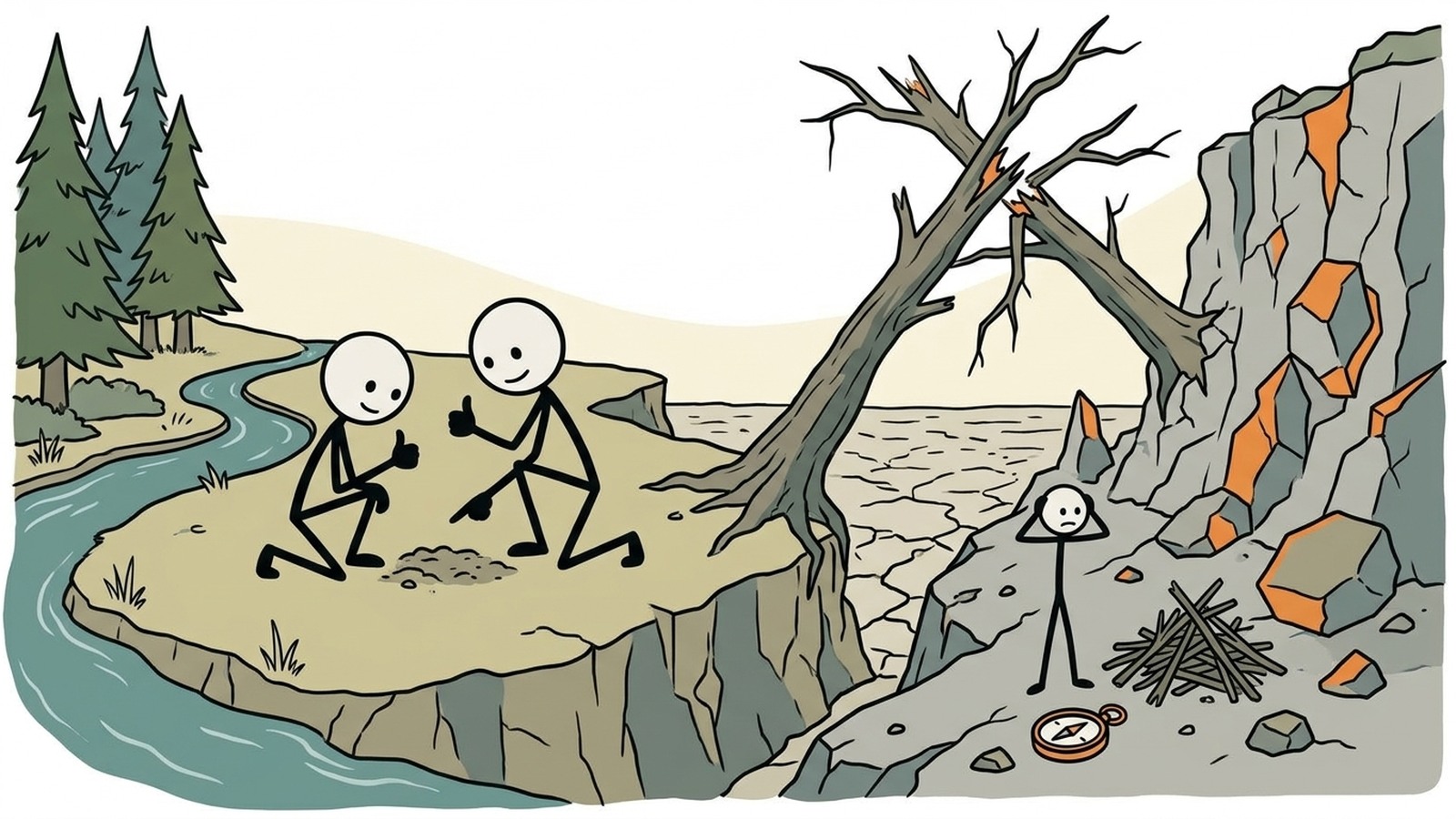 SC-Stil-Illustration für Dieser umfassende Leitfaden bietet Schritt-für-Schritt-Anleitungen zum Bau von sechs hochwirksamen, anfängerfreundlichen Notunterkünften in der Wildnis unter Verwendung leicht verfügbarer natürlicher Ressourcen, um das Überleben in kritischen Outdoor-Situationen zu gewährleisten.