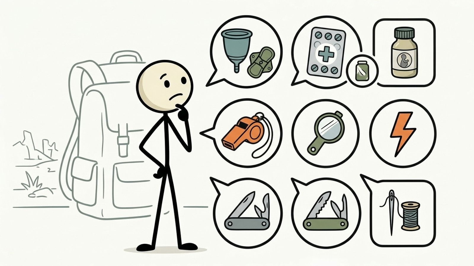 SC-Stil Illustration für Notfall-Go-Bag-Leitfaden, der Bedürfnisse anspricht, die typischerweise in generischen Vorbereitungslisten übersehen werden