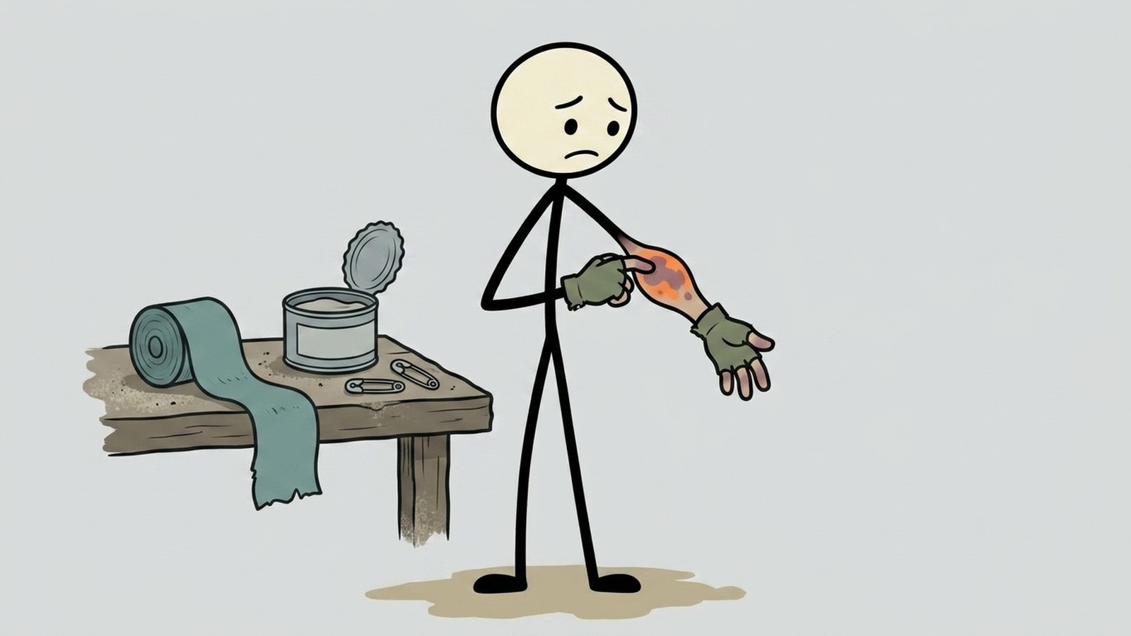 SC-Stil-Illustration für einen Notfallvorsorgeleitfaden, der sich auf die Erkennung früher Anzeichen einer Wundinfektion und die Anwendung von Off-Grid-Erste-Hilfe-Behandlungsprotokollen konzentriert, wenn professionelle medizinische Hilfe nicht verfügbar ist.