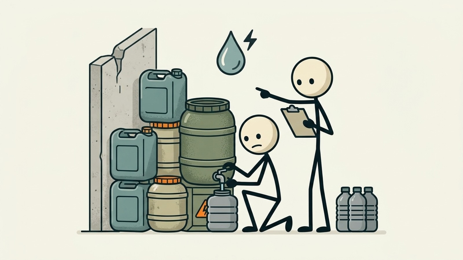 Ilustración estilo SC para Planificar el almacenamiento práctico de agua para hogares pequeños sin garajes, sótanos o barriles grandes.