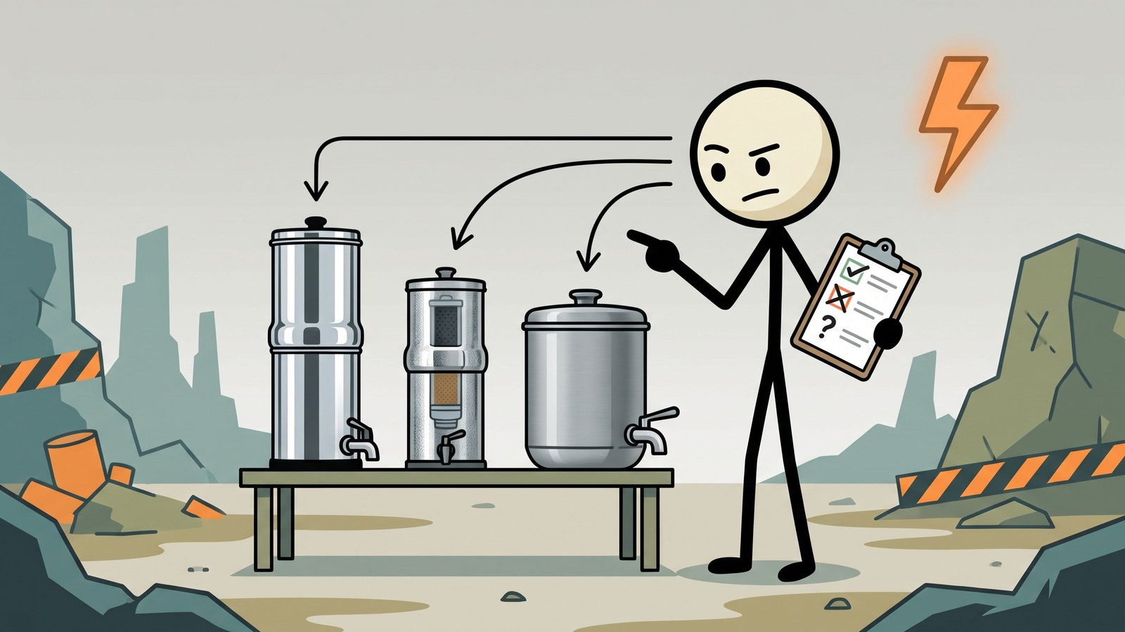 Ilustración estilo SC para una comparación directa de los tres principales filtros de agua por gravedad para el hogar