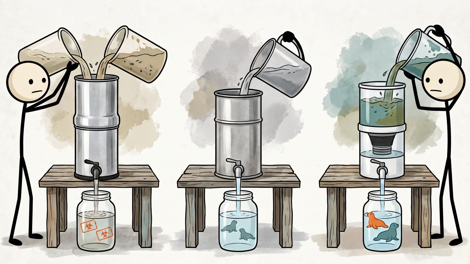 Ilustración estilo SC para una comparación directa de los tres principales filtros de agua por gravedad para el hogar