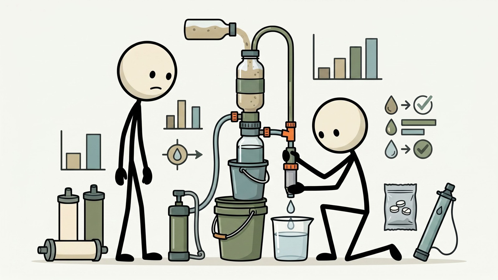 Ilustración estilo SC para comparar opciones de filtración y purificación de agua de emergencia para uso doméstico, kits de evacuación y rendimiento para familias