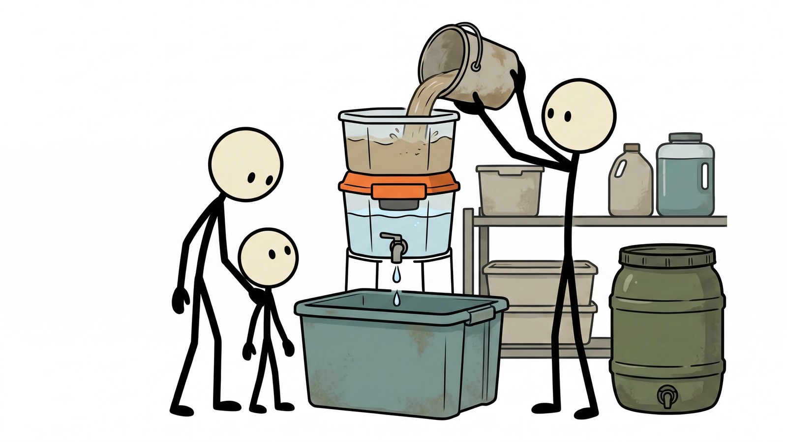 Ilustración estilo SC para comparar opciones de filtración y purificación de agua de emergencia para uso doméstico, kits de evacuación y rendimiento para familias