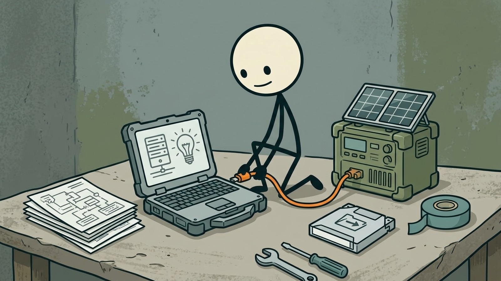 Ilustración estilo SC para Cómo configurar un sistema de IA fuera de línea económico con LLM locales para preppers y supervivientes. Presenta DOS caminos claramente: CAMINO 1 (LINUX - recomendado para la mayoría de los preppers): Project Nomad en Ubuntu/Debian - la solución todo en uno. Un comando de instalación, le brinda Wikipedia sin conexión, Khan Academy, referencias médicas, <a href=