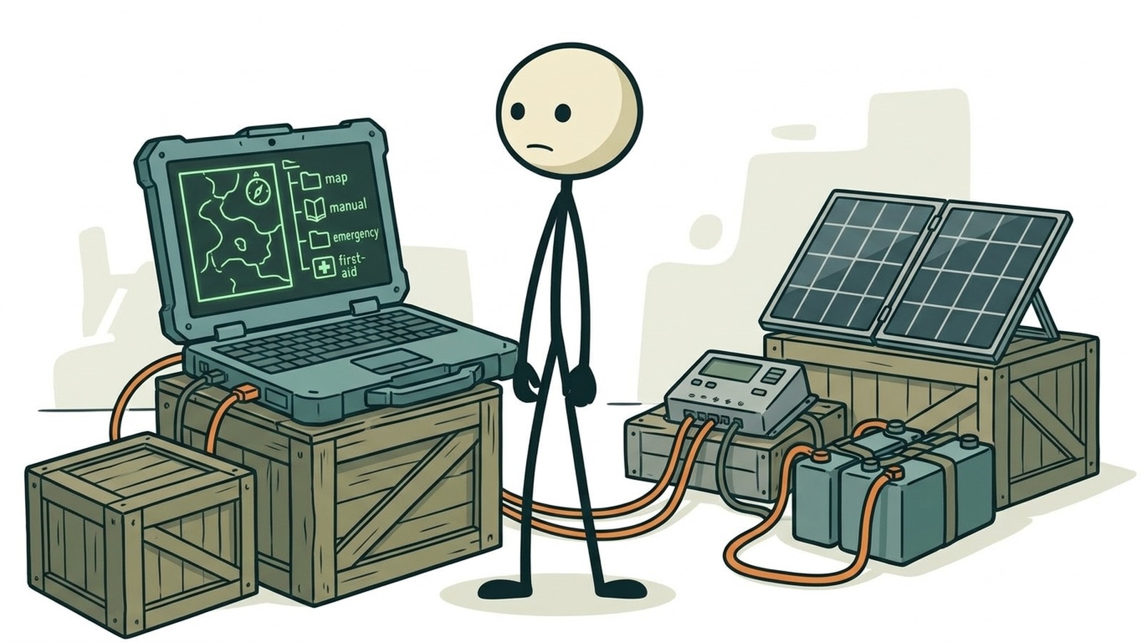 Ilustración estilo SC para Cómo configurar un sistema de IA fuera de línea económico con LLM locales para preppers y supervivientes. Presenta DOS caminos claramente: CAMINO 1 (LINUX - recomendado para la mayoría de los preppers): Project Nomad en Ubuntu/Debian - la solución todo en uno. Un comando de instalación, le brinda Wikipedia sin conexión, Khan Academy, referencias médicas, guías de supervivencia, OpenStreetMap Y LLM locales acelerados por GPU. Requiere Ubuntu 22.04+ o Debian 12+. Mejor hardware: PC de escritorio usada con AMD Ryzen 7 o Intel i7, 32 GB de RAM, GPU NVIDIA dedicada o AMD Radeon 780M+, SSD de 1 TB. Opciones económicas: Dell OptiPlex o HP EliteDesk reacondicionados con i7 ($150-250 en eBay), agregue una NVIDIA GTX 1070/1080 usada por $80-120 para aceleración de GPU. Presupuesto total: $230-370 para un equipo completo de Project Nomad. CAMINO 2 (macOS - para personas que ya tienen una Mac): Ollama + Open WebUI + AnythingLLM. No es tan llave en mano como Project Nomad, pero tiene la misma funcionalidad central. Mac Mini M1 de 16 GB ($250-300 usado) ejecuta modelos de 7-8B con aceleración completa de GPU Metal a solo 10-15 W en reposo (compatible con energía solar). El software es todo gratuito y de código abierto. Compare ambos caminos: Project Nomad es la mejor opción para preppers porque incluye Wikipedia, mapas y contenido educativo sin conexión de forma predeterminada. La ruta de macOS requiere una configuración más manual, pero funciona muy bien si ya posee el hardware. Análisis del consumo de energía para ambos caminos. Por qué los preppers necesitan IA sin conexión: el conocimiento dependiente de Internet es un único punto de falla. Tabla comparativa de Project Nomad vs PrepperDisk ($199-279), Doom Box ($699), R.E.A.D.I. ($499) - NOMAD es gratuito y se ejecuta en cualquier PC. Guía paso a paso para ambos caminos.