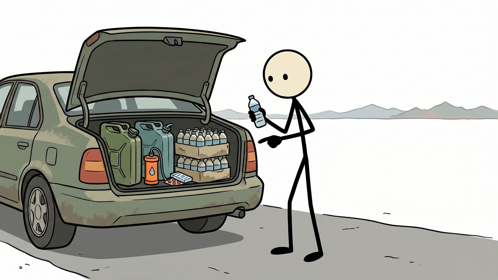Ilustración estilo SC para la preparación de emergencias vehiculares, incluyendo herramientas, equipo estacional, respaldos de comunicación y protocolo de seguridad en carretera