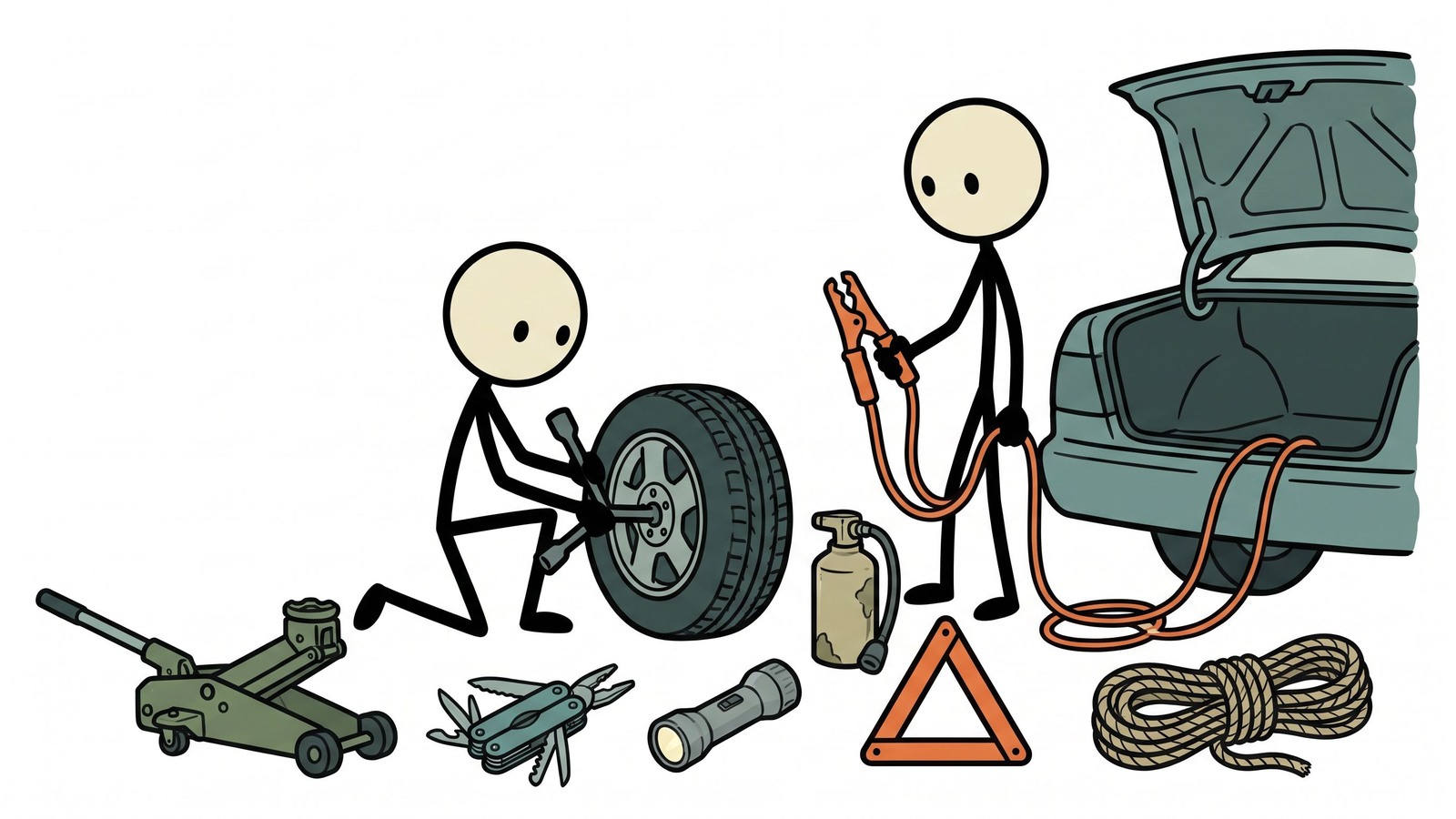 Ilustración estilo SC para la preparación de emergencias vehiculares, incluyendo herramientas, equipo estacional, respaldos de comunicación y protocolo de seguridad en carretera