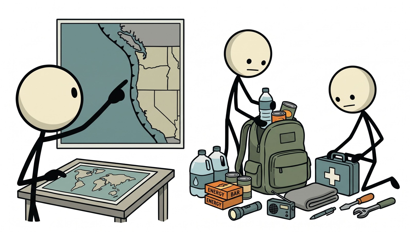 Ilustración estilo SC para una guía de supervivencia completa y práctica adaptada a los residentes del Pacífico Noroeste para prepararse, sobrevivir y recuperarse de un terremoto catastrófico de megacorrimiento en la Zona de Subducción de Cascadia.