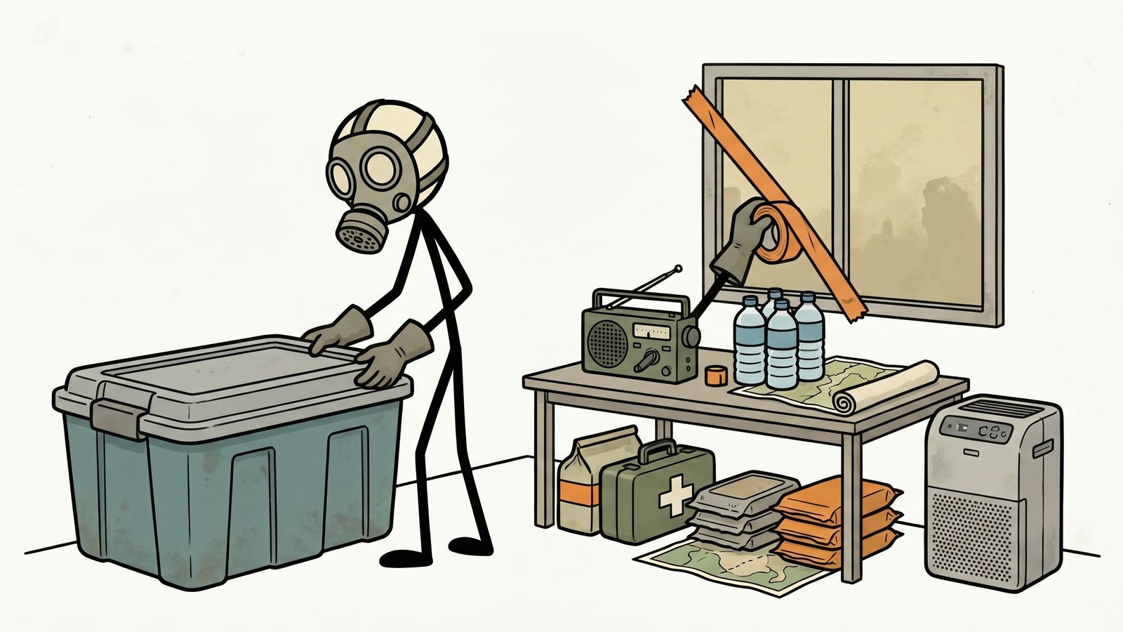Ilustración estilo SC para una guía práctica de preparación doméstica para derrames químicos industriales, descarrilamientos de trenes y eventos de materiales peligrosos