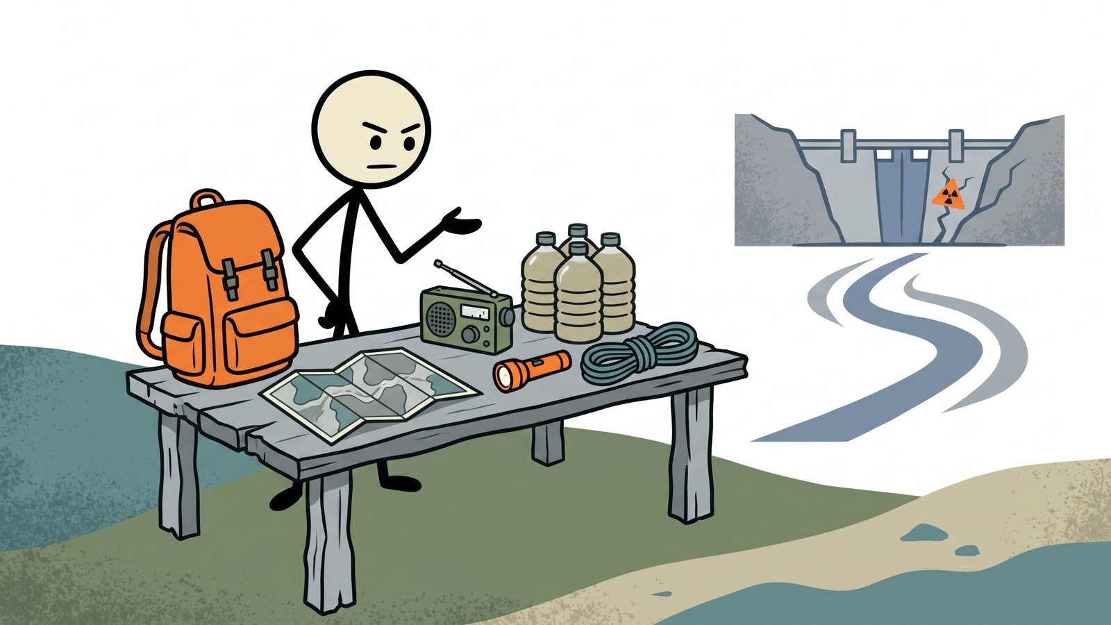 Ilustración estilo SC que explica la amenaza subestimada de las fallas de presas, cómo encontrar su zona de inundación por presa, la diferencia crítica entre la falla de una presa y las inundaciones regulares, y los protocolos de evacuación rápida.