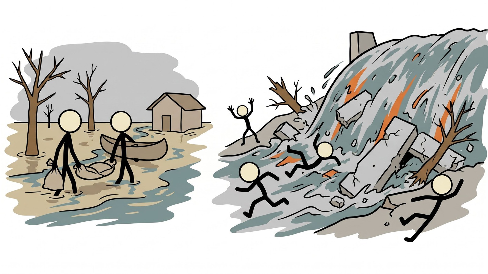 Ilustración estilo SC que explica la amenaza subestimada de las fallas de presas, cómo encontrar su zona de inundación por presa, la diferencia crítica entre la falla de una presa y las inundaciones regulares, y los protocolos de evacuación rápida.