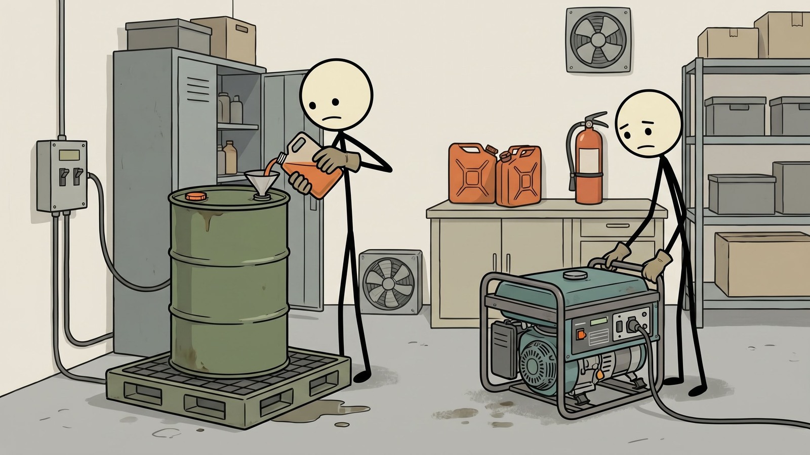 Ilustración estilo SC para Esta guía completa detalla cómo almacenar de forma segura combustible diésel en casa para generadores de emergencia, centrándose en maximizar la vida útil, elegir los contenedores adecuados y cumplir con las normas de seguridad.