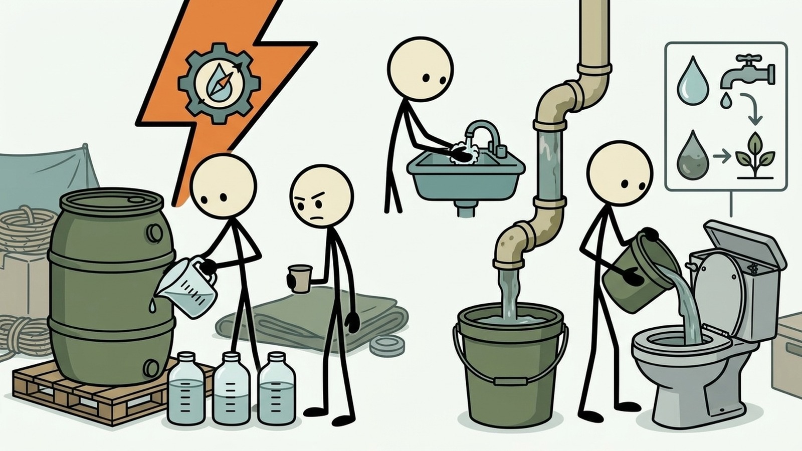 Ilustración estilo SC para escenarios de sequía de varias semanas y varios meses, incluyendo restricciones de agua municipal, falla de pozos, estrategias de racionamiento de agua doméstico, reutilización de aguas grises y vida resistente a la sequía a largo plazo.