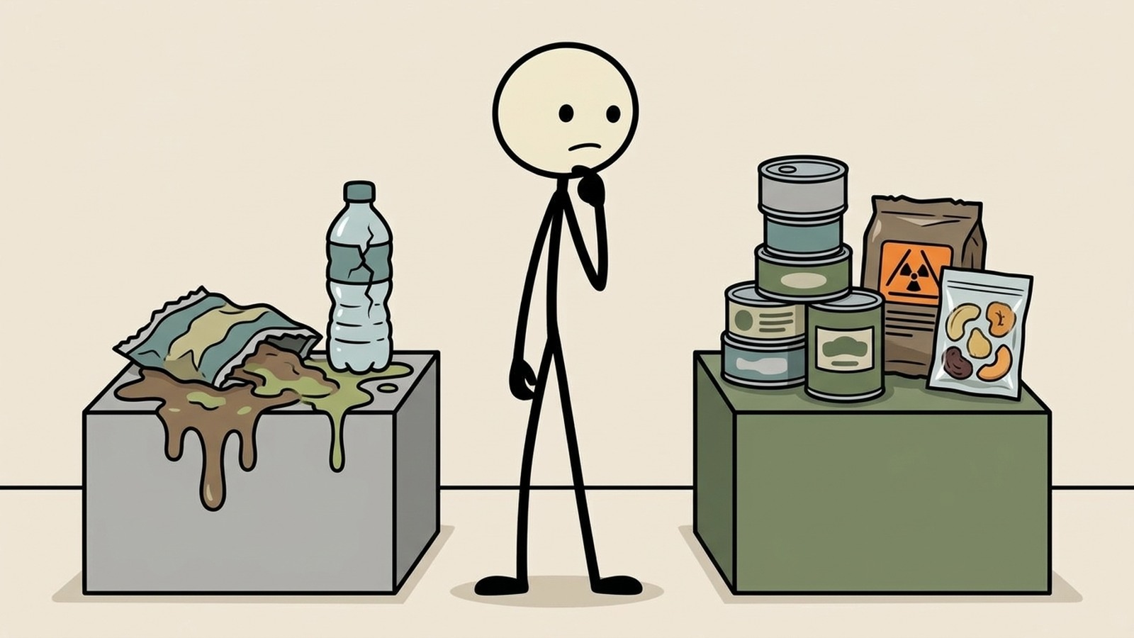 Ilustración estilo SC para Seleccionar, almacenar, rotar y usar de forma segura alimentos para vehículos sin depender de un almacenamiento a largo plazo inseguro.