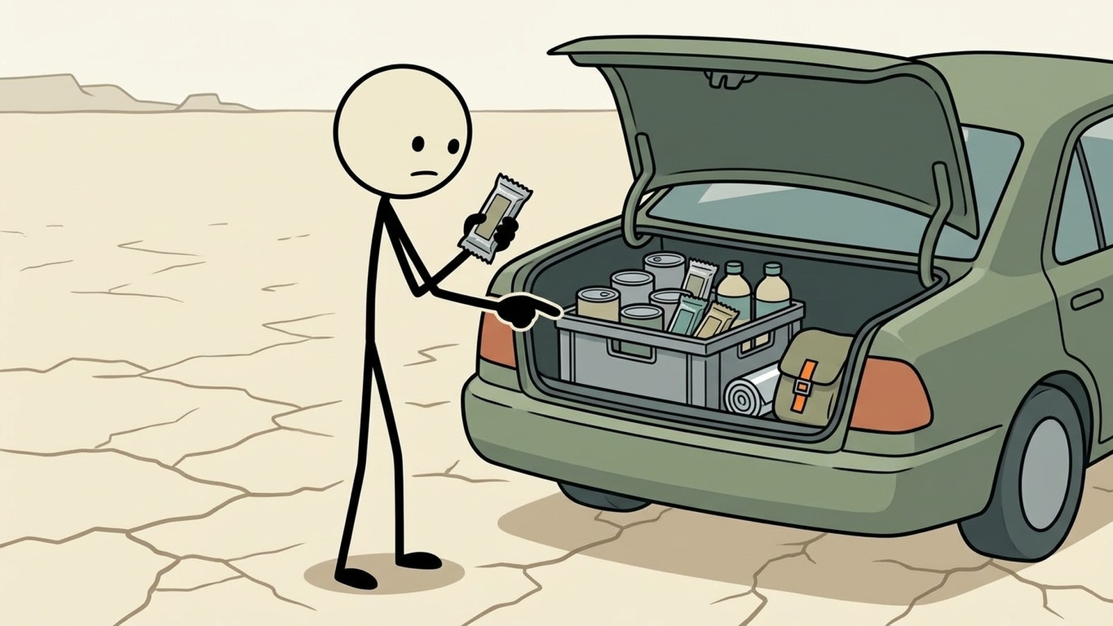Ilustración estilo SC para Seleccionar, almacenar, rotar y usar de forma segura alimentos para vehículos sin depender de un almacenamiento a largo plazo inseguro.