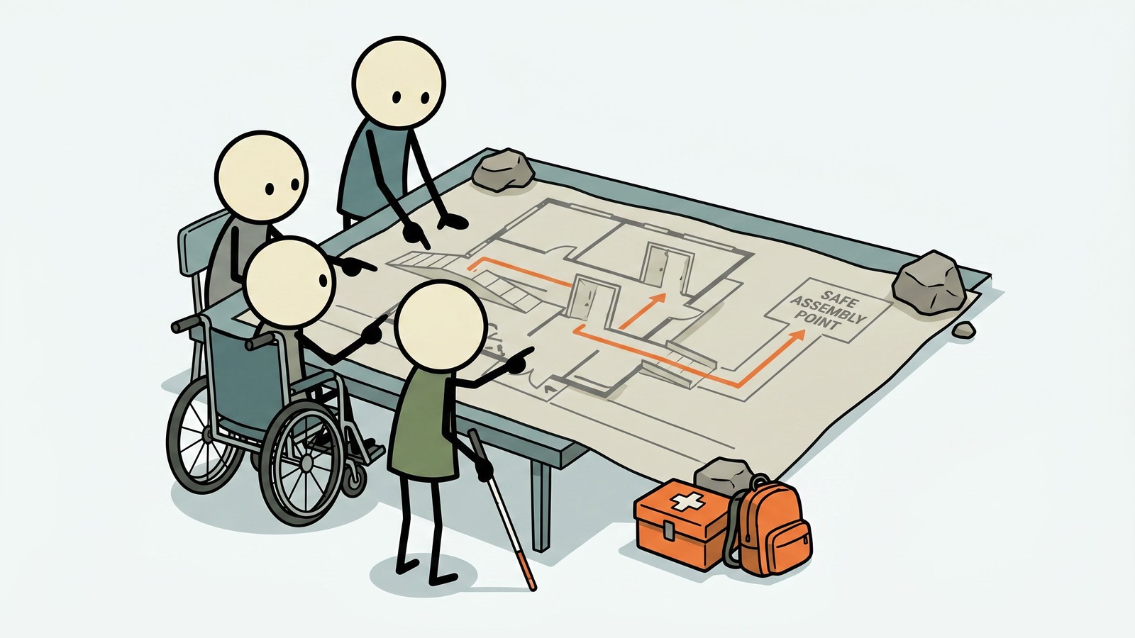 Ilustración estilo SC para una guía completa para personas con discapacidades que cubre la planificación de evacuación, barreras de comunicación, energía de respaldo para equipos médicos, registros de necesidades especiales y cómo los cuidadores pueden coordinar el apoyo.