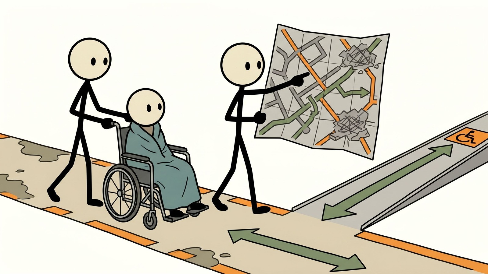 Ilustración estilo SC para una guía completa para personas con discapacidades que cubre la planificación de evacuación, barreras de comunicación, energía de respaldo para equipos médicos, registros de necesidades especiales y cómo los cuidadores pueden coordinar el apoyo.