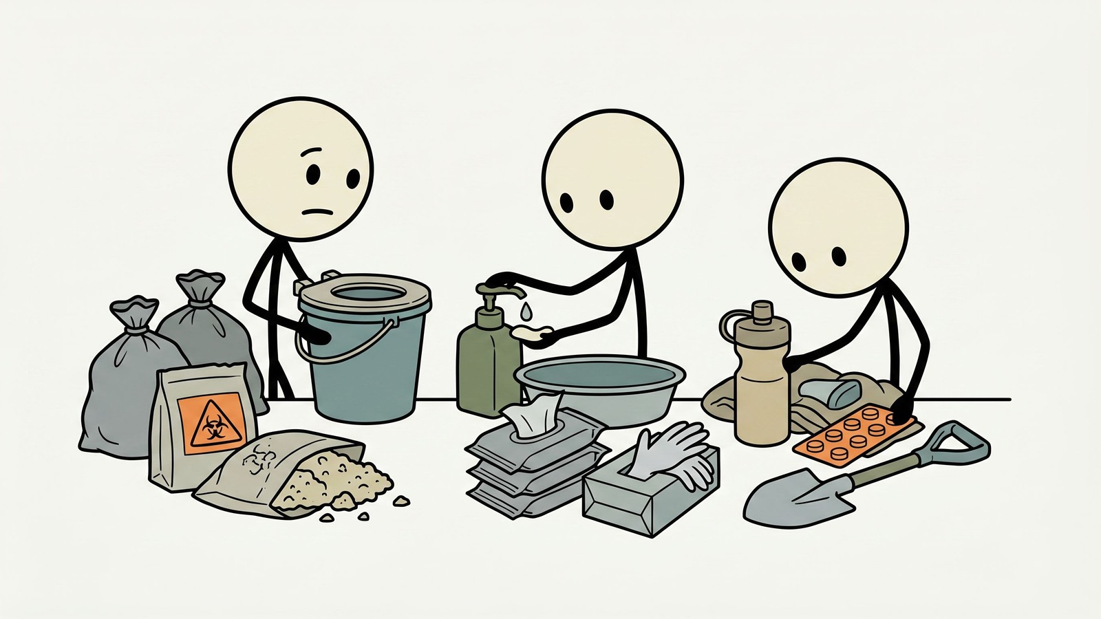 Ilustración estilo SC para la planificación del saneamiento doméstico en caso de cortes de agua, incluyendo alternativas de inodoro, higiene de manos, manejo de residuos y prevención de enfermedades