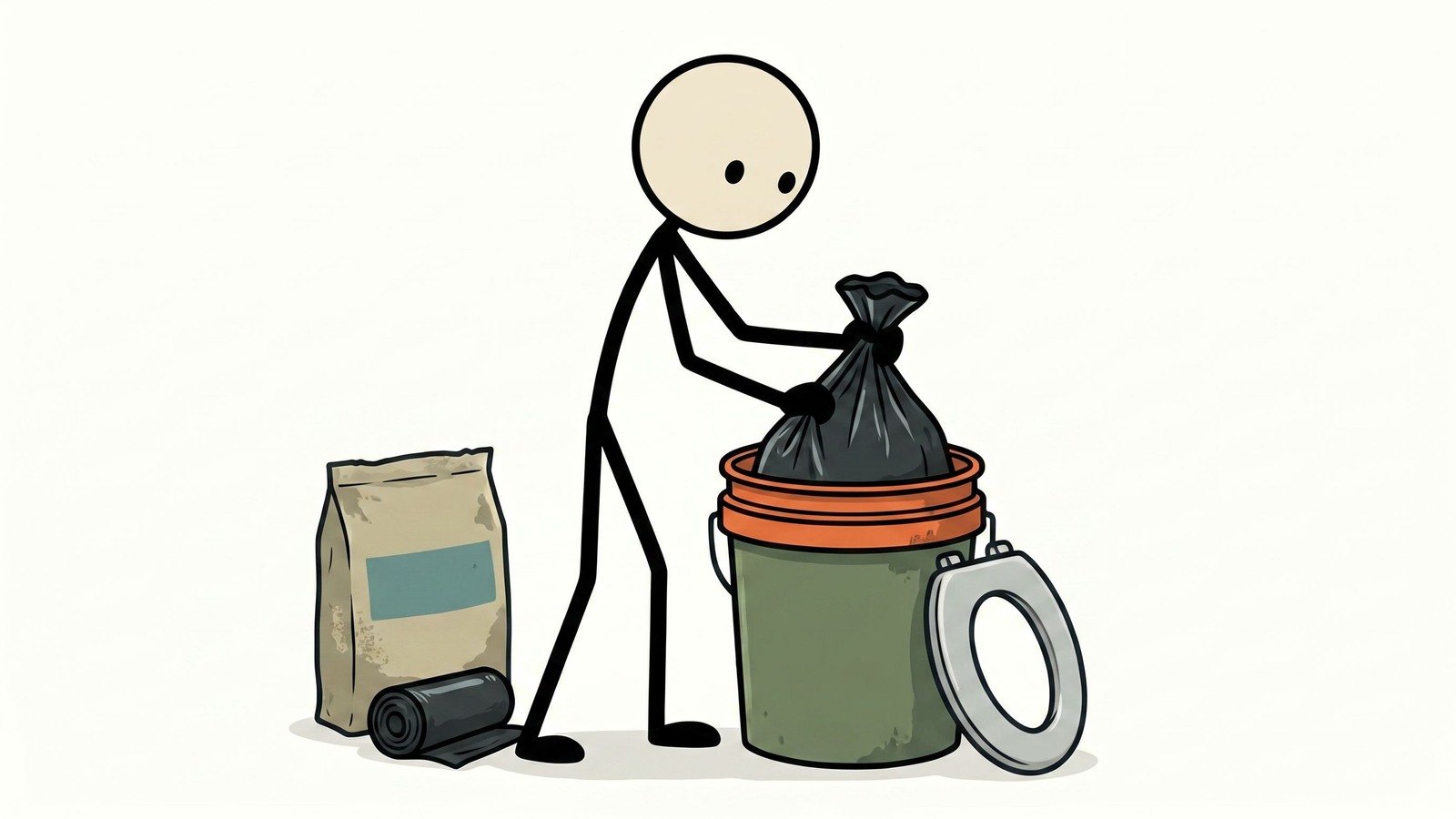 Ilustración estilo SC para la planificación del saneamiento doméstico en caso de cortes de agua, incluyendo alternativas de inodoro, higiene de manos, manejo de residuos y prevención de enfermedades