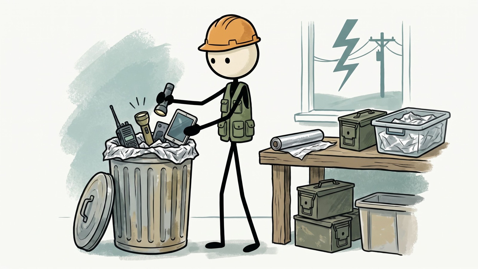 Ilustración estilo SC para la preparación práctica ante EMP para hogares, incluyendo opciones de almacenamiento Faraday, prioridades de dispositivos protegidos y métodos de prueba