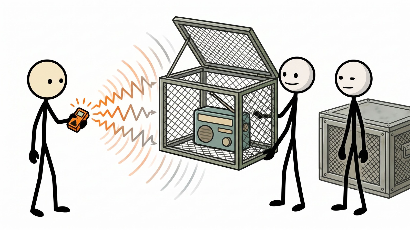 Ilustración estilo SC para la preparación práctica ante EMP para hogares, incluyendo opciones de almacenamiento Faraday, prioridades de dispositivos protegidos y métodos de prueba