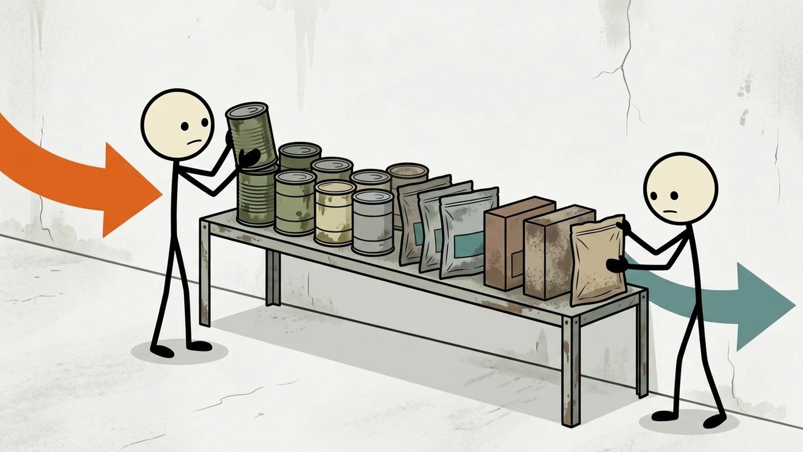 Ilustración estilo SC para Esta publicación proporciona una guía completa y paso a paso sobre cómo implementar la metodología Primero en Entrar, Primero en Salir (FIFO) para organizar las despensas de alimentos de emergencia y eliminar el costoso desperdicio de alimentos.