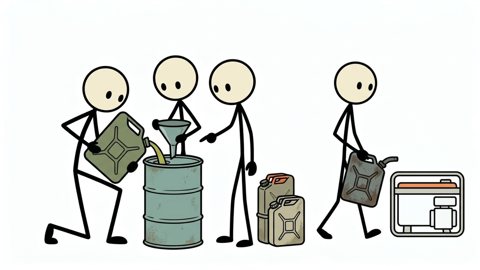 Ilustración estilo SC para explicar los contenedores aprobados, los límites legales, la ventilación, el estabilizador, la rotación y la seguridad contra incendios.