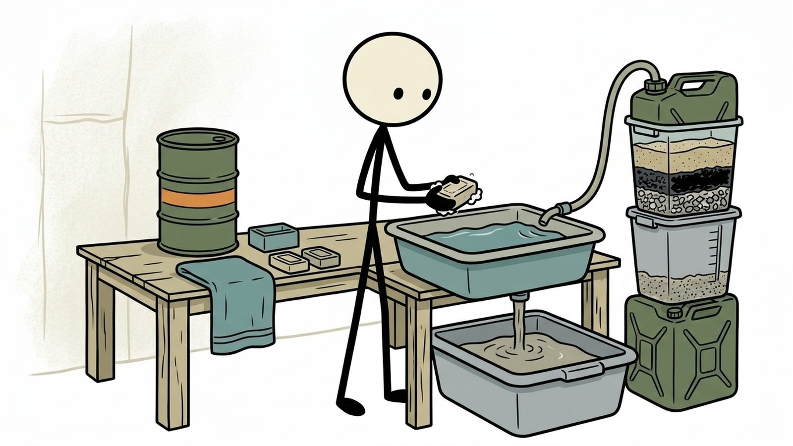 Ilustración estilo SC para la guía práctica para mantener la higiene durante emergencias por escasez de agua