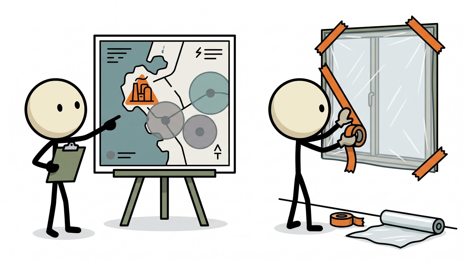 Ilustración estilo SC para una guía completa adaptada a los residentes de la Costa del Golfo sobre cómo prepararse, refugiarse y evacuar de forma segura durante fugas petroquímicas industriales y emergencias de materiales peligrosos agravadas por eventos climáticos severos.