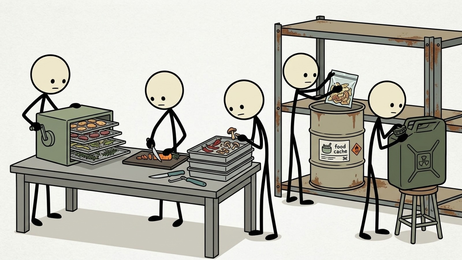 Ilustración estilo SC para Guía práctica para usar un deshidratador de alimentos casero para la preparación para emergencias