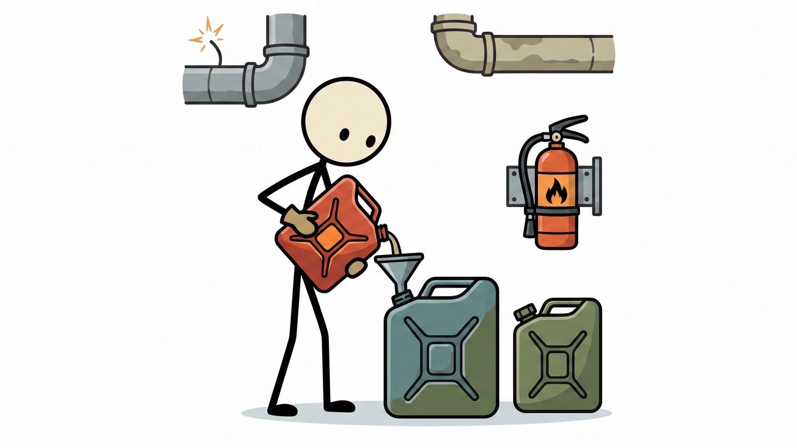 Ilustración estilo SC para una guía completa sobre los protocolos de seguridad, selección de recipientes, estabilizadores y regulaciones legales para almacenar gasolina en casa para la preparación ante emergencias y la supervivencia a largo plazo.