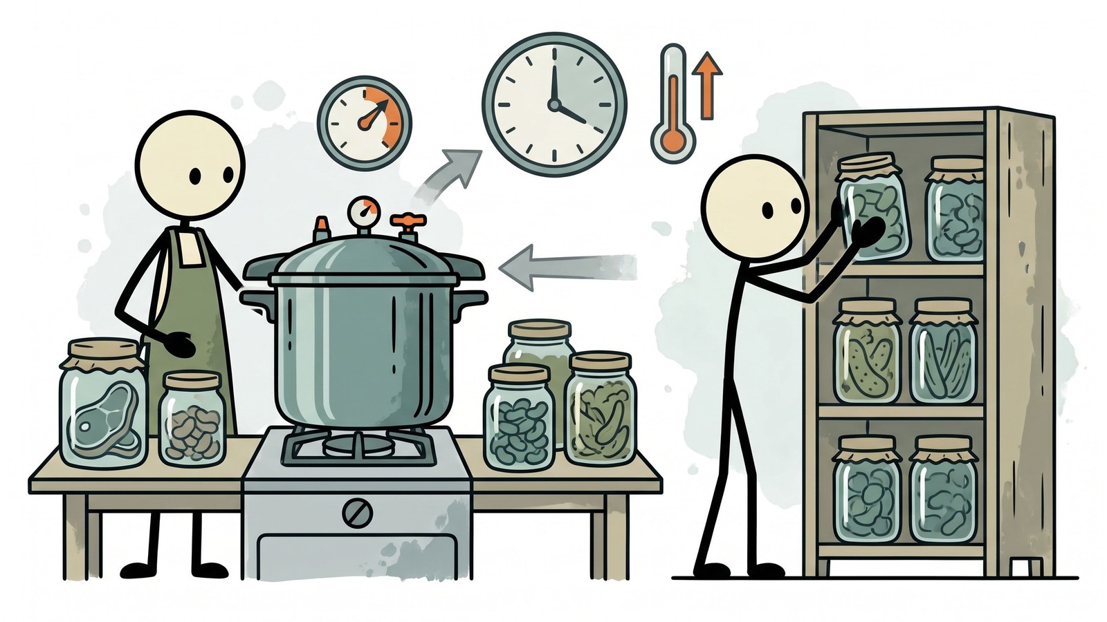 Ilustración estilo SC para una guía amigable para principiantes sobre el enlatado a presión para la conservación de alimentos de emergencia