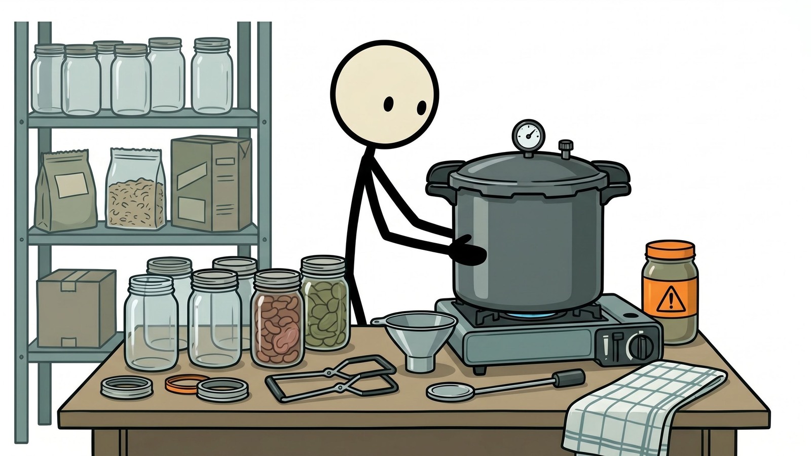 Ilustración estilo SC para una guía amigable para principiantes sobre el enlatado a presión para la conservación de alimentos de emergencia