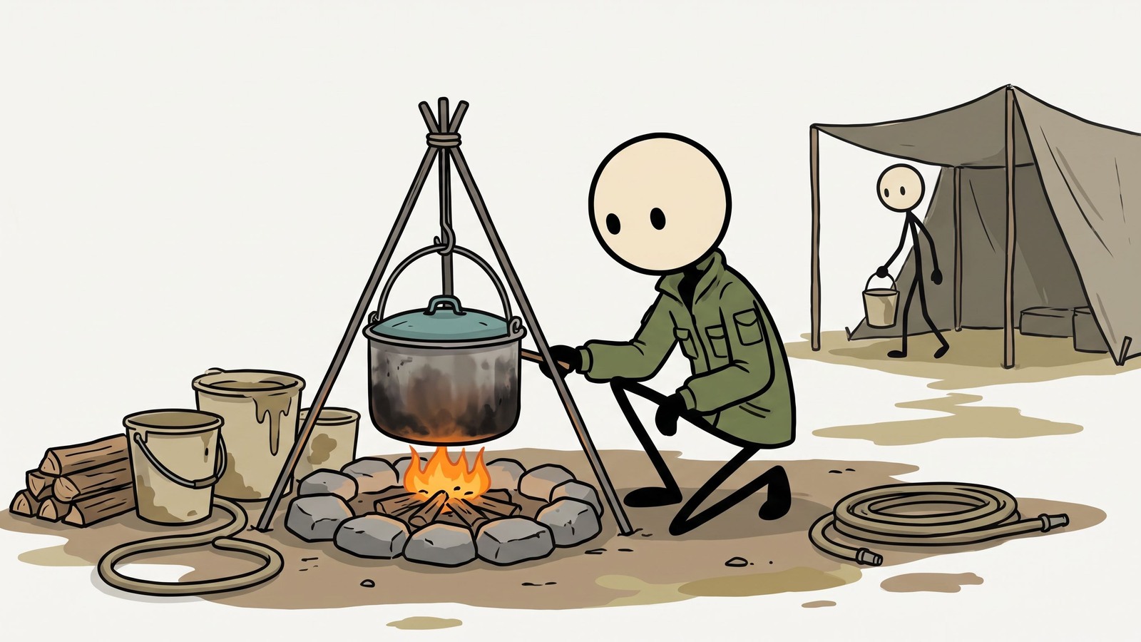 Ilustración estilo SC para una guía completa que detalla métodos seguros, prácticos y diversos para calentar agua durante un corte de energía prolongado o un escenario de supervivencia sin red.