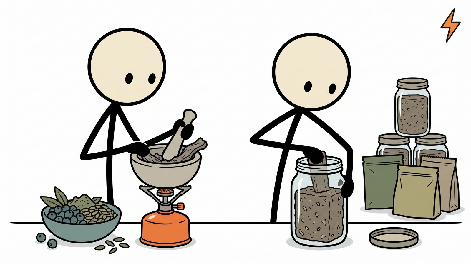 Ilustración estilo SC para una guía completa y paso a paso para hacer pemmican tradicional, centrándose en su densidad nutricional, significado histórico y técnicas de conservación para la supervivencia de emergencia a largo plazo.