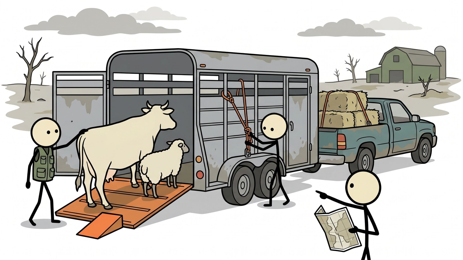 Ilustración estilo SC para la guía de planificación de emergencias para familias con ganado