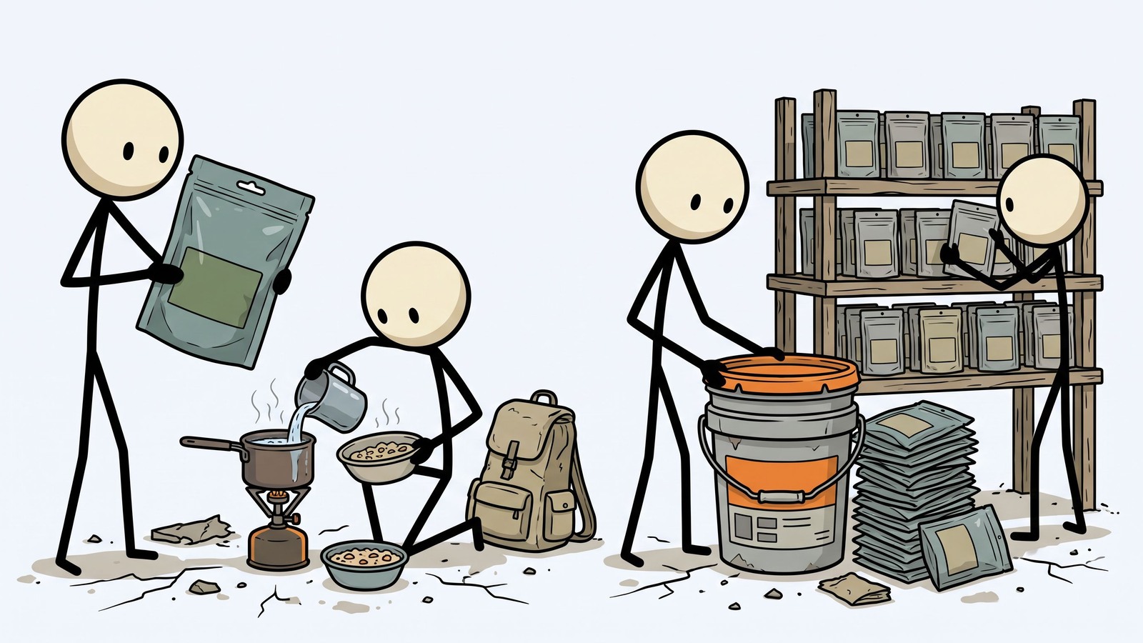 Ilustración estilo SC para una comparación directa de alimentos de emergencia de Mountain House vs ReadyWise para la preparación del hogar. Explica a quién se adapta cada marca, la calidad de la comida, las afirmaciones de vida útil, las calorías por día, las proteínas, el sodio, el agua requerida, el método de preparación, el empaque, el espacio de almacenamiento, el costo por caloría y cómo usar ambas marcas dentro de un plan práctico de alimentos de emergencia para el hogar.