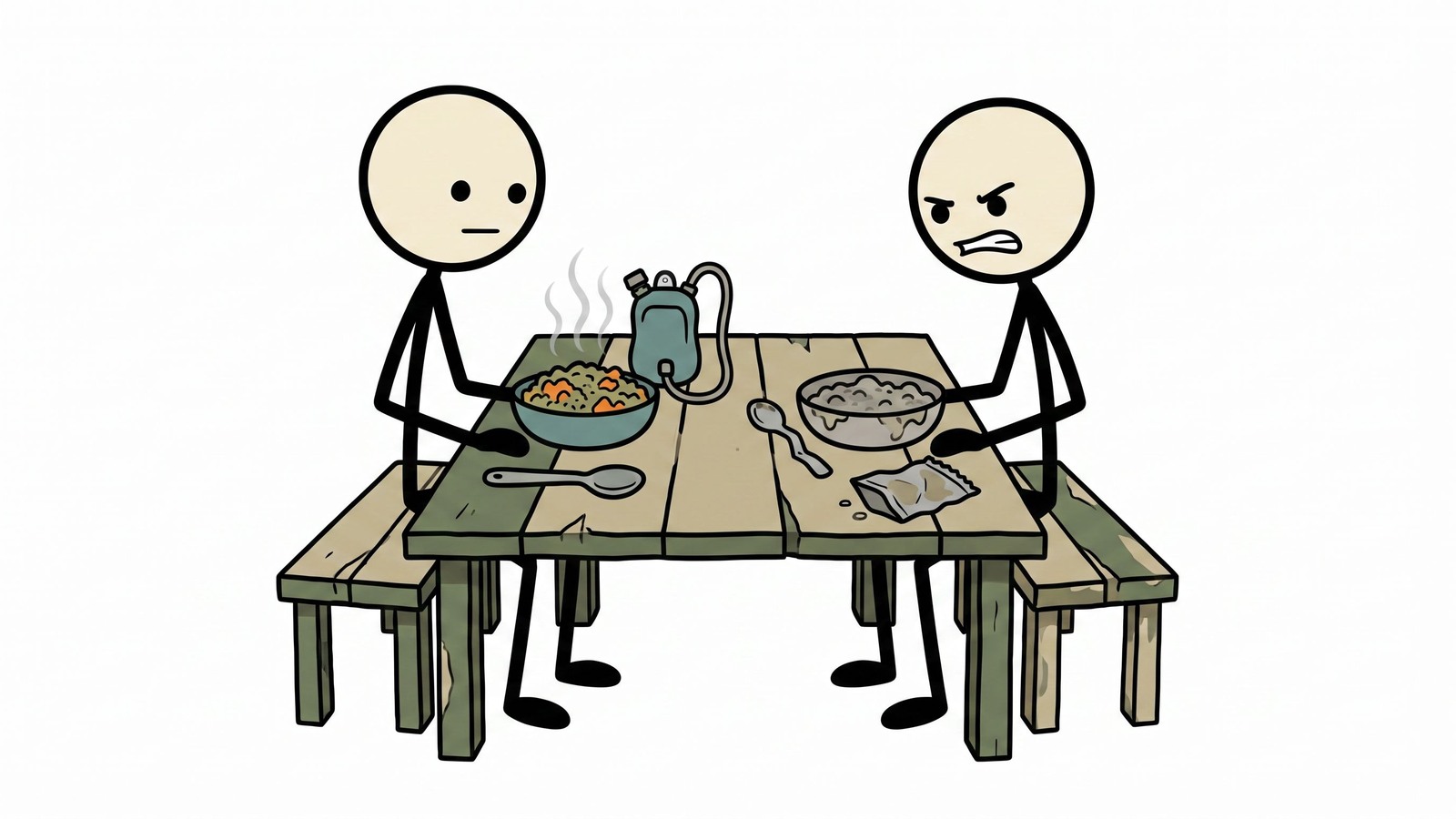 Ilustración estilo SC para una comparación directa de alimentos de emergencia de Mountain House vs ReadyWise para la preparación del hogar. Explica a quién se adapta cada marca, la calidad de la comida, las afirmaciones de vida útil, las calorías por día, las proteínas, el sodio, el agua requerida, el método de preparación, el empaque, el espacio de almacenamiento, el costo por caloría y cómo usar ambas marcas dentro de un plan práctico de alimentos de emergencia para el hogar.