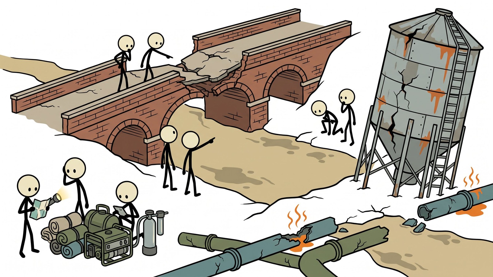 Ilustración estilo SC para una guía completa de supervivencia adaptada a los residentes del Medio Oeste para prepararse, sobrevivir y recuperarse de un evento sísmico importante a lo largo de la históricamente volátil Zona de Falla de Nuevo Madrid.