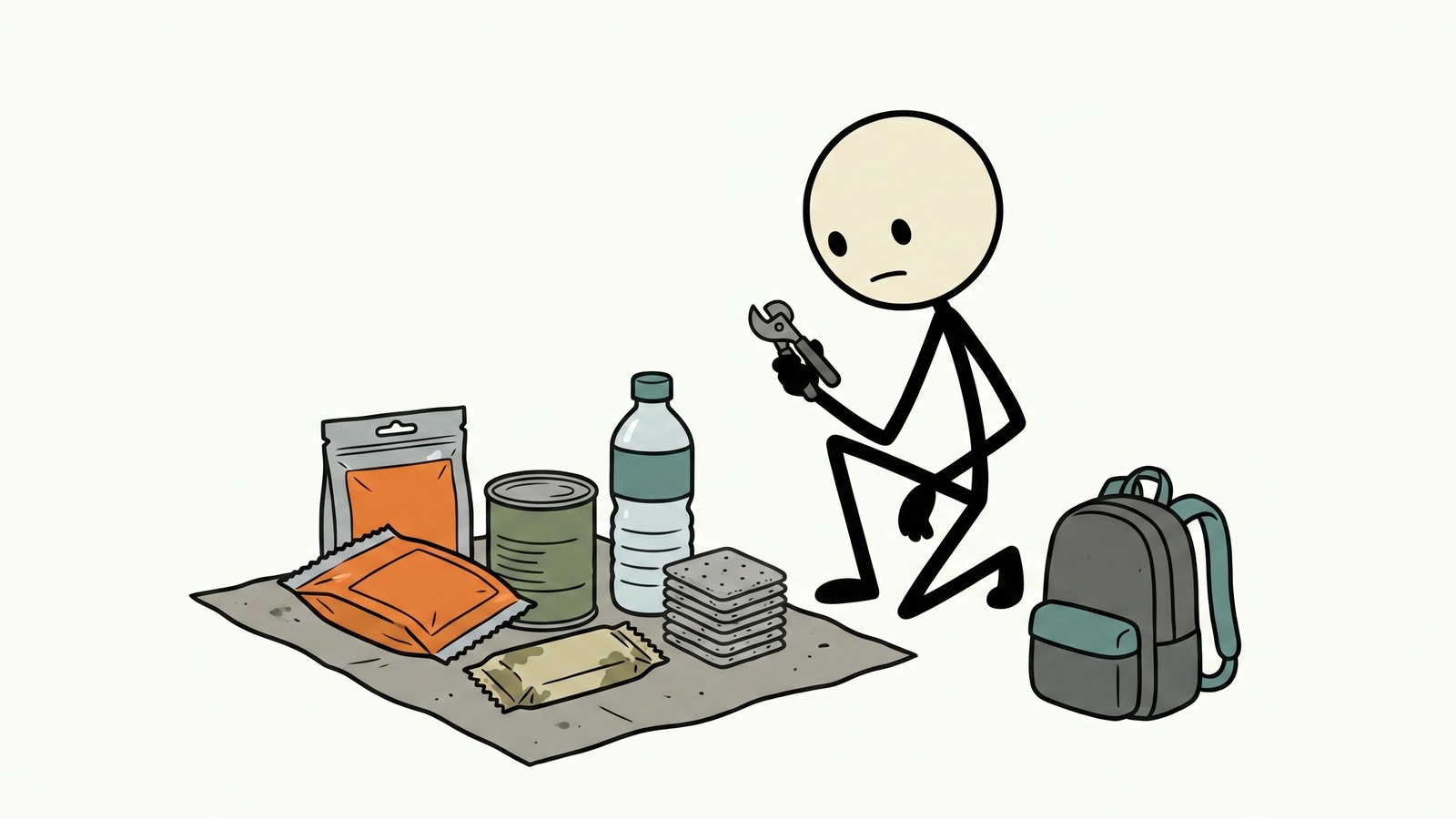 Ilustración estilo SC para diseñar un menú de emergencia sin cocinar con alimentos no perecederos, estrategia de hidratación, equilibrio nutricional y preparación con bajo desperdicio