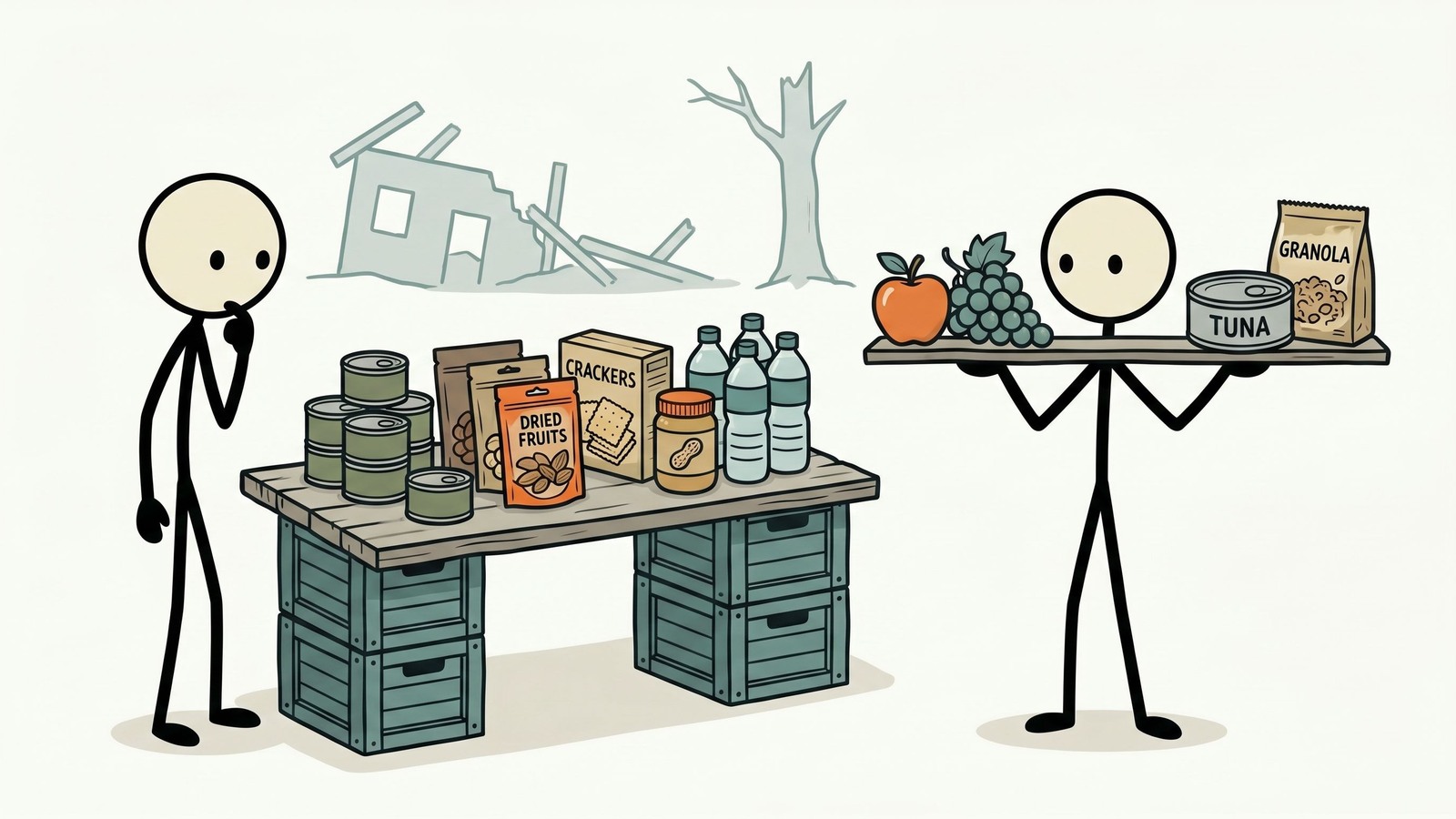 Ilustración estilo SC para diseñar un menú de emergencia sin cocinar con alimentos no perecederos, estrategia de hidratación, equilibrio nutricional y preparación con bajo desperdicio