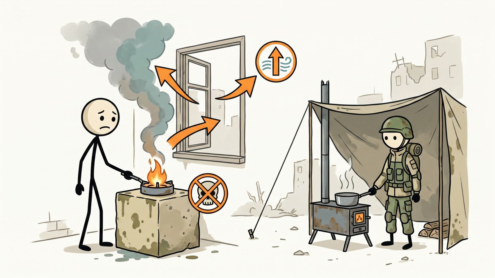 Ilustración estilo SC para Esta publicación proporciona una guía completa de ocho métodos confiables de cocción sin conexión a la red, capacitando a los lectores para preparar comidas calientes de forma segura durante cortes de energía o situaciones de supervivencia.