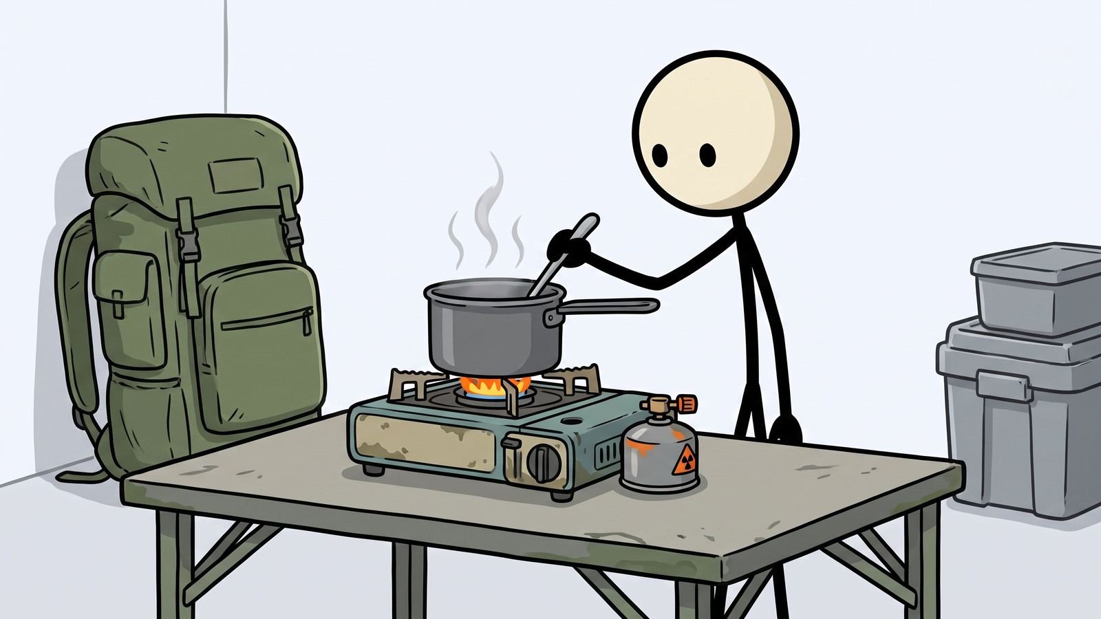 Ilustración estilo SC para Esta publicación proporciona una guía completa de ocho métodos confiables de cocción sin conexión a la red, capacitando a los lectores para preparar comidas calientes de forma segura durante cortes de energía o situaciones de supervivencia.