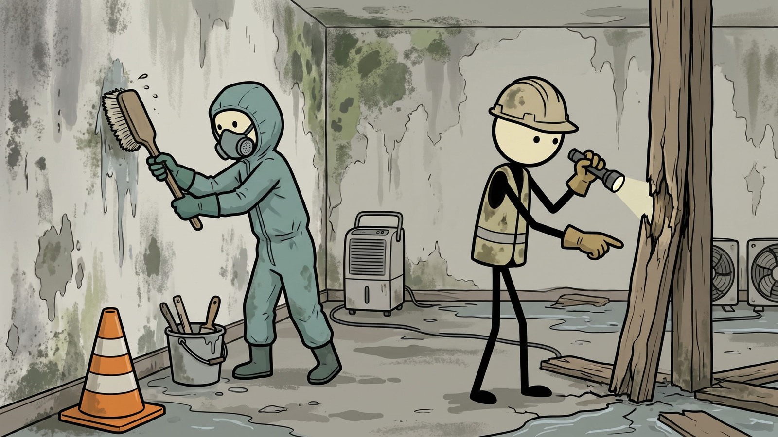Ilustración estilo SC para una guía completa de supervivencia para recuperar de forma segura su hogar después de una inundación, centrándose en la identificación de peligros estructurales, la prevención del crecimiento de moho tóxico y la ejecución de un protocolo de saneamiento paso a paso.
