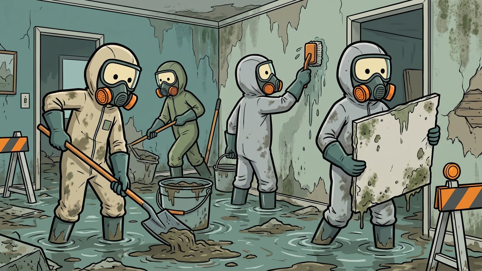 Ilustración estilo SC para una guía completa de supervivencia para recuperar de forma segura su hogar después de una inundación, centrándose en la identificación de peligros estructurales, la prevención del crecimiento de moho tóxico y la ejecución de un protocolo de saneamiento paso a paso.